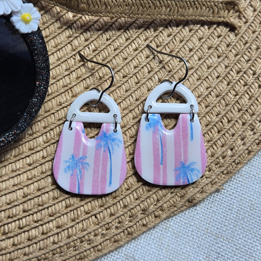 Beachy Clay - Palm Tree and Pink Stripes Dangle
