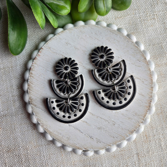 Clay Hand Painted Floral Tile - Gray and Black