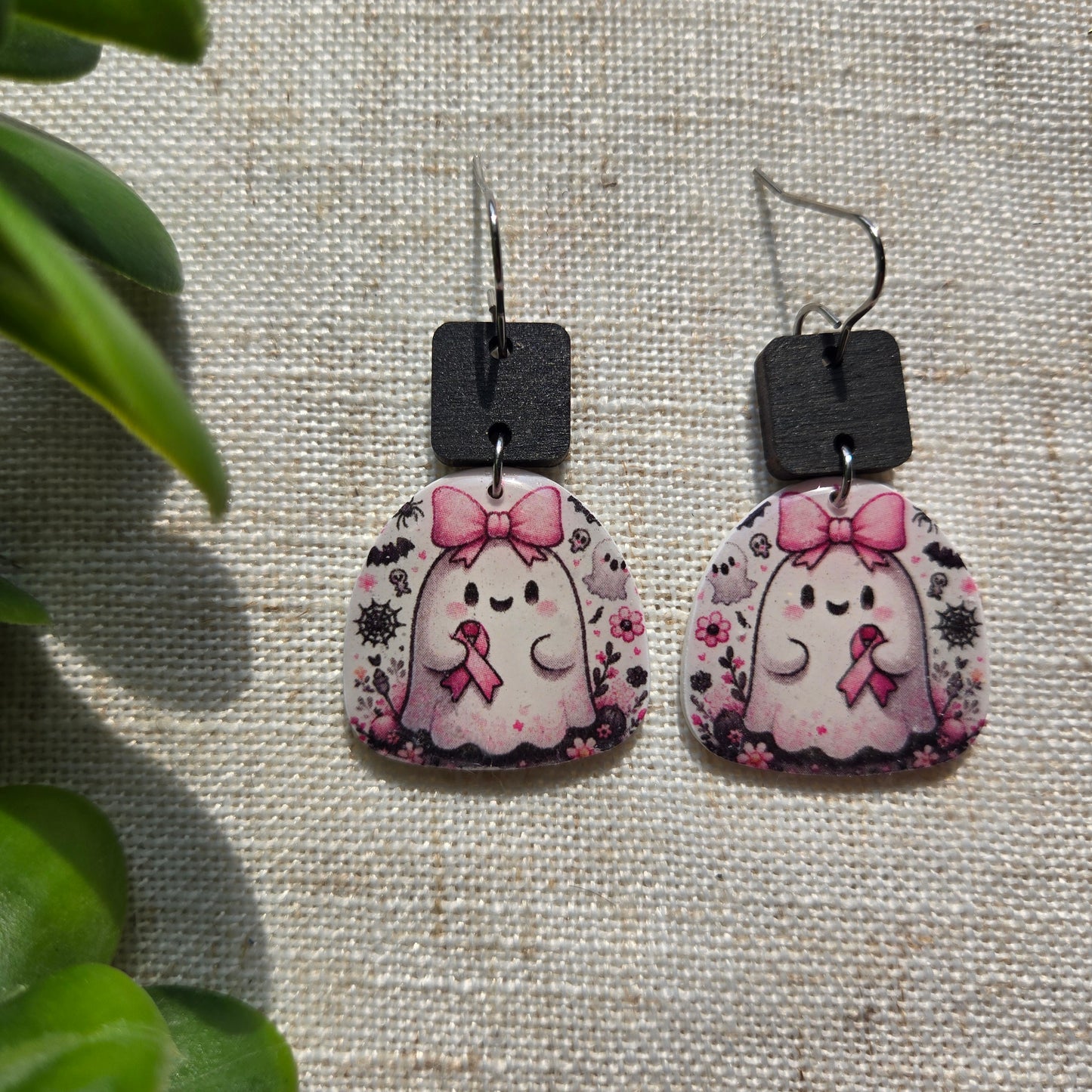 Clay Dangles - Pink Ribbon Ghost