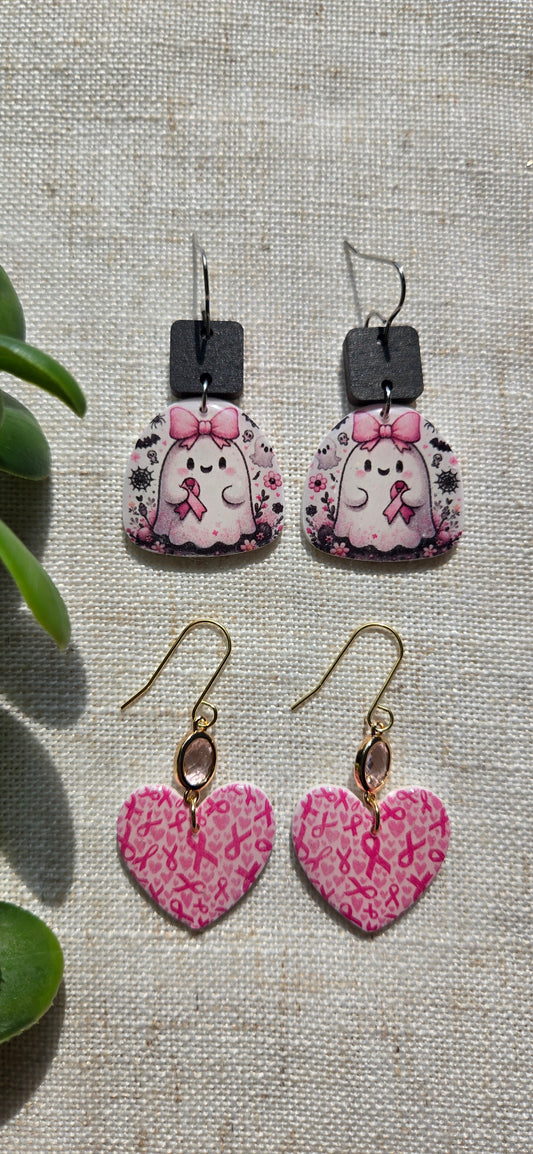 Clay Dangles - Pink Ribbon Hearts