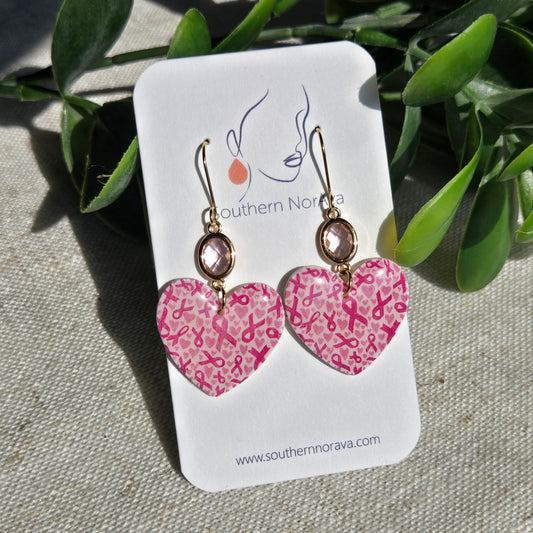 Clay Dangles - Pink Ribbon Hearts