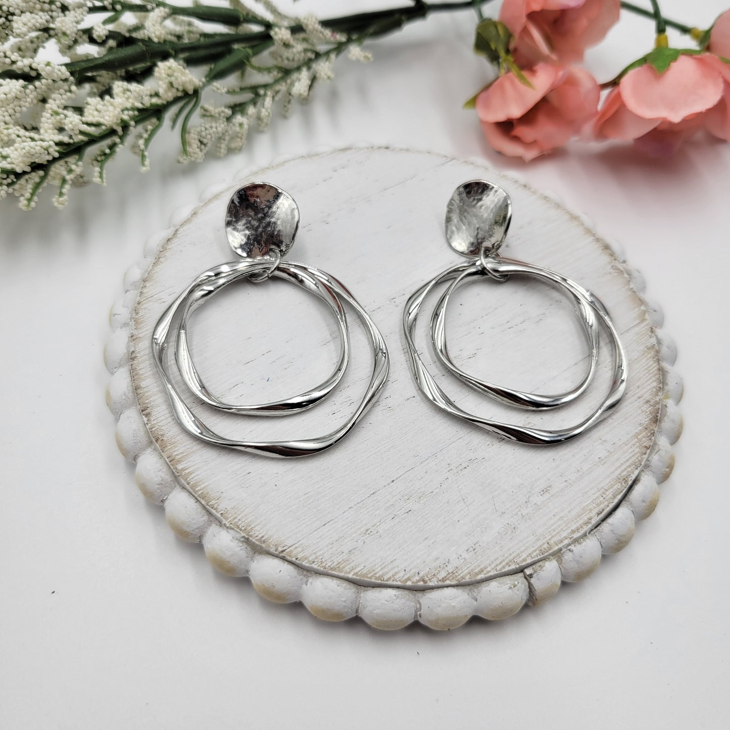 Wavy Metal Hoops on Studs - Silver