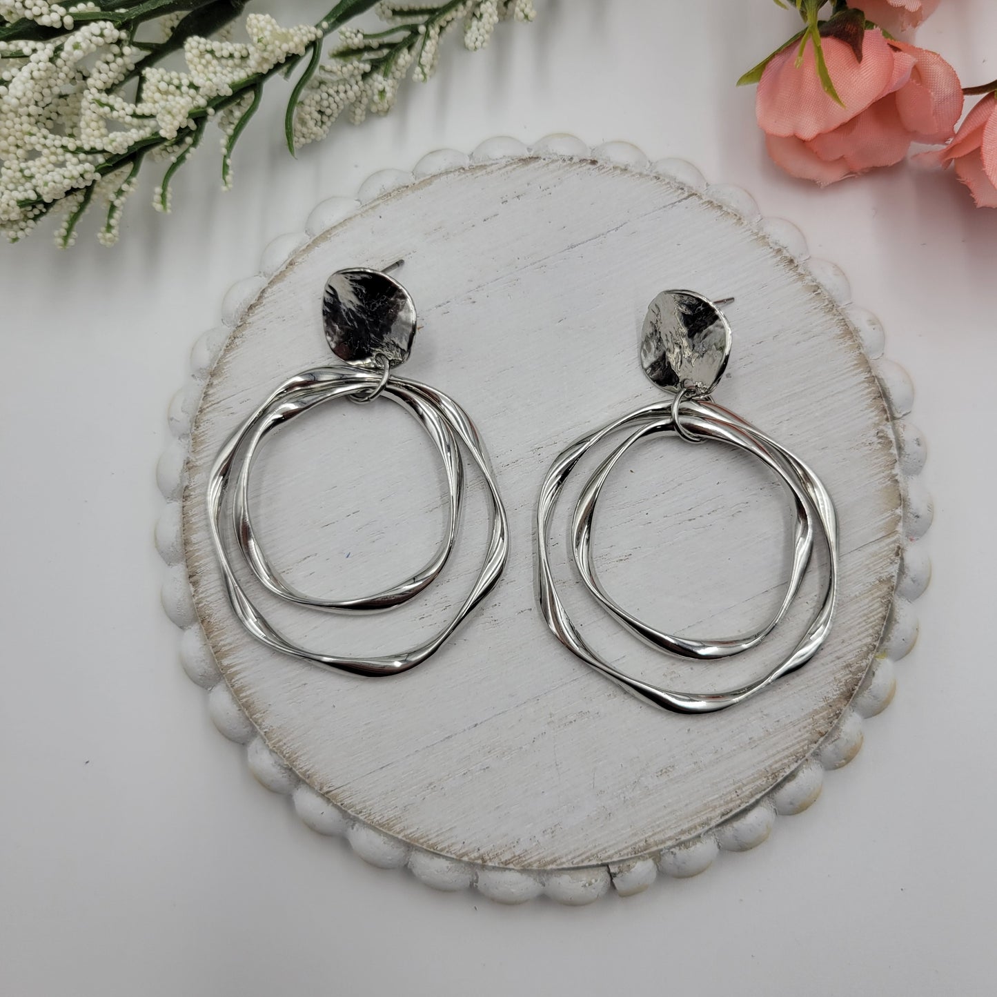 Wavy Metal Hoops on Studs - Silver