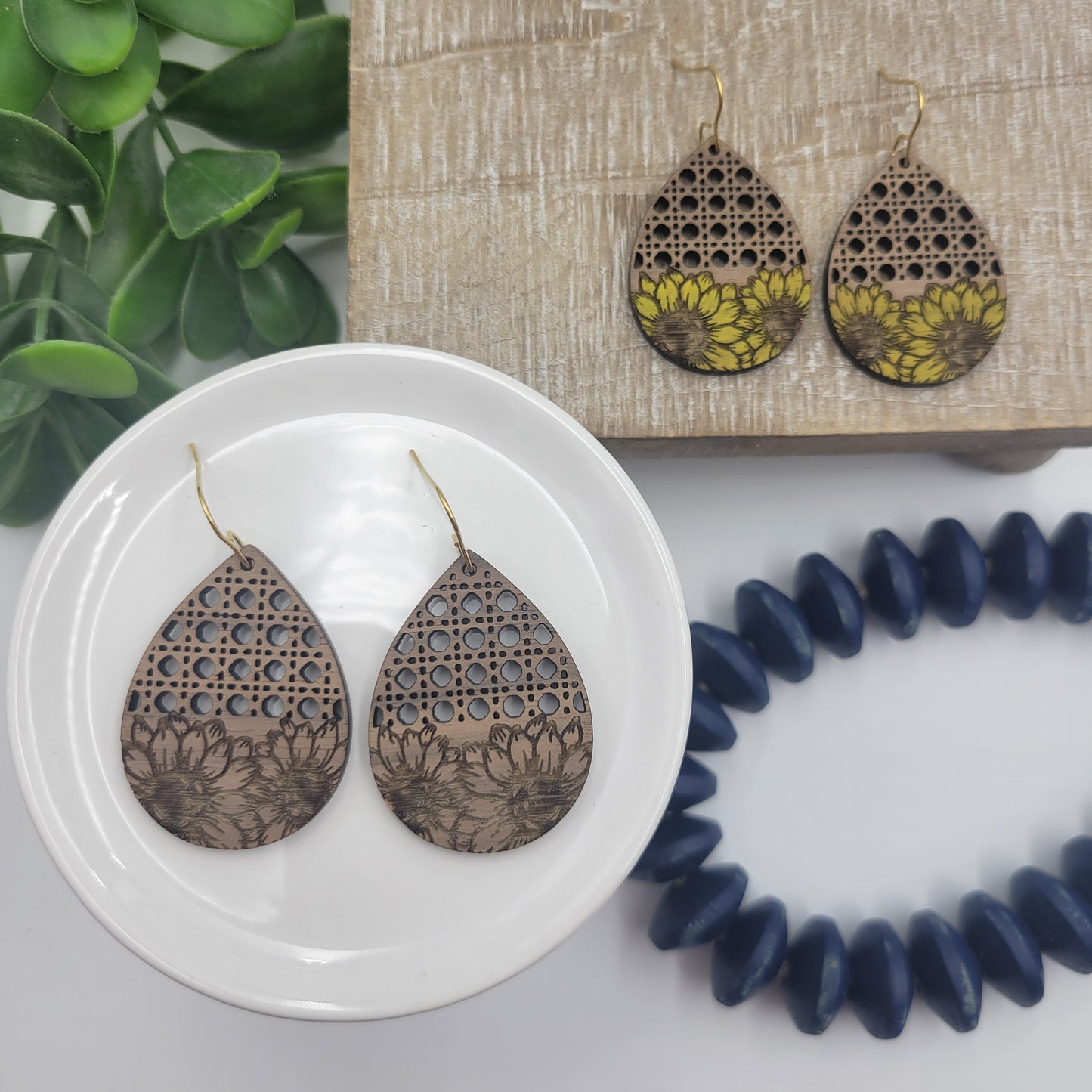 Sunflower and Rattan Wooden Teardrops