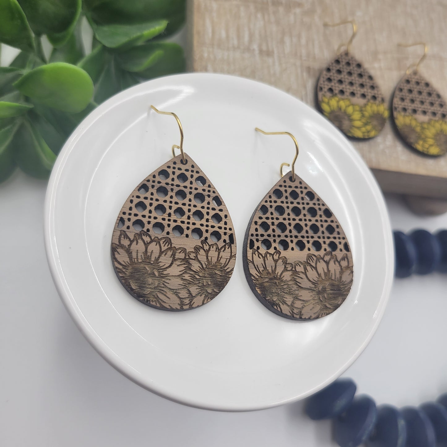 Sunflower and Rattan Wooden Teardrops