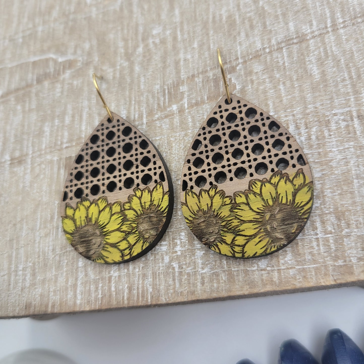 Sunflower and Rattan Wooden Teardrops