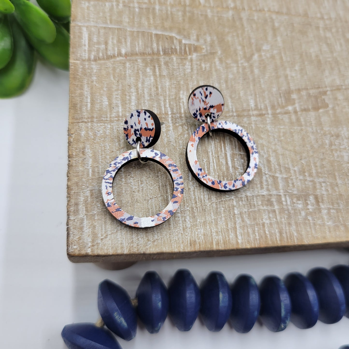 Wood Hoops - Peach and Navy Studs