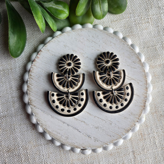 Clay Hand Painted Floral Tile - Cream and Black