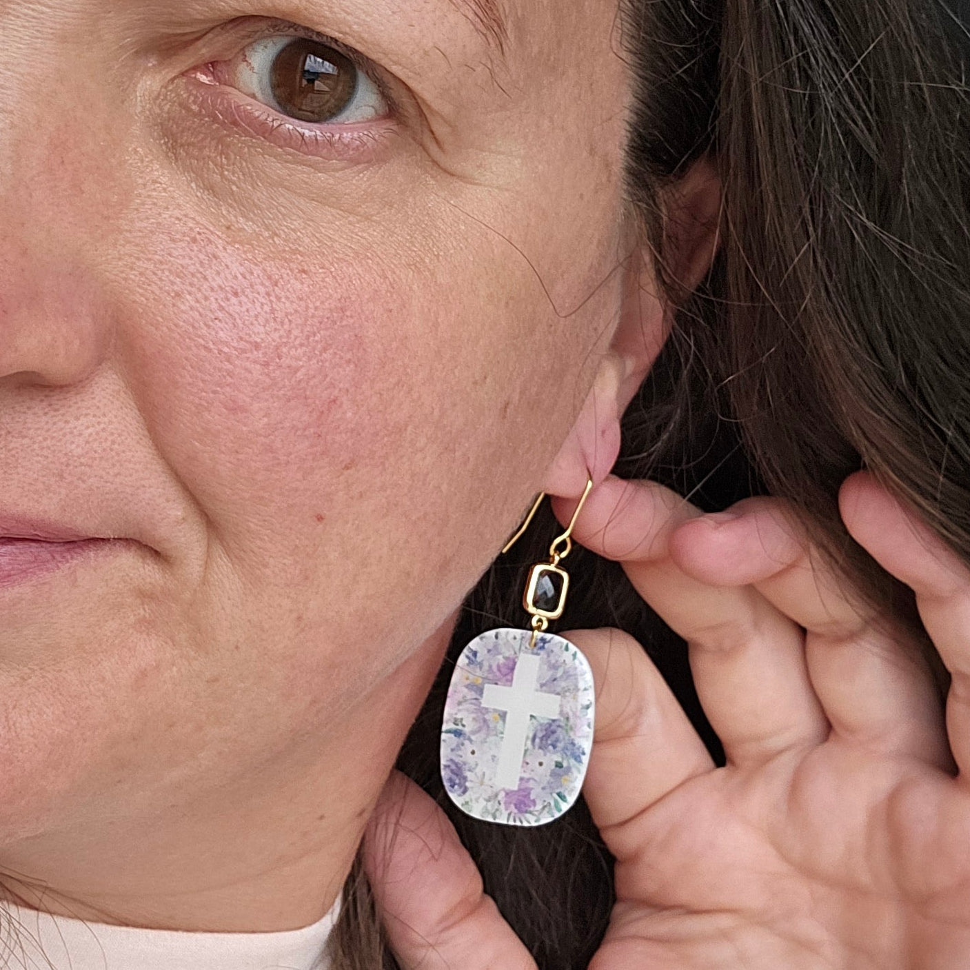 Purple Floral Cross Dangle