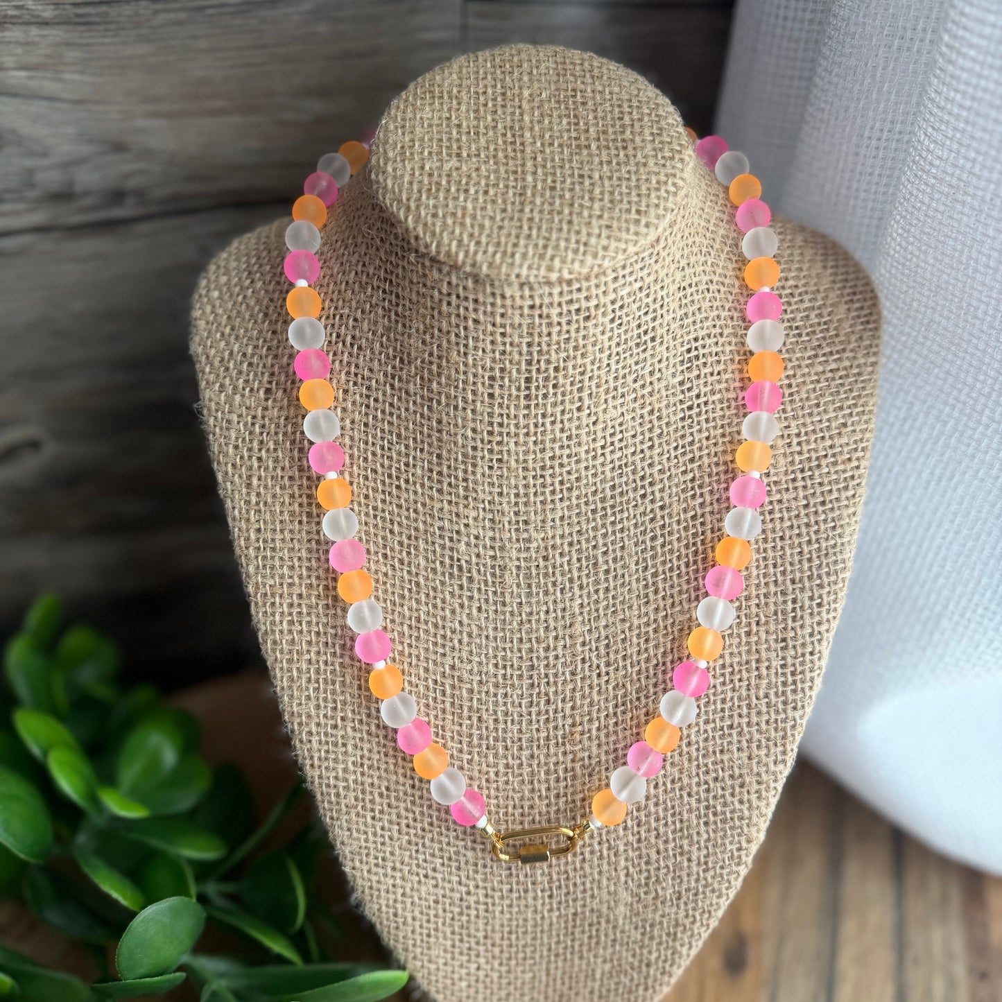 Pink and Coral Sea Glass Beaded Charm Necklace