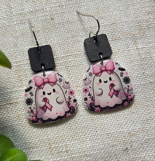 Clay Dangles - Pink Ribbon Ghost