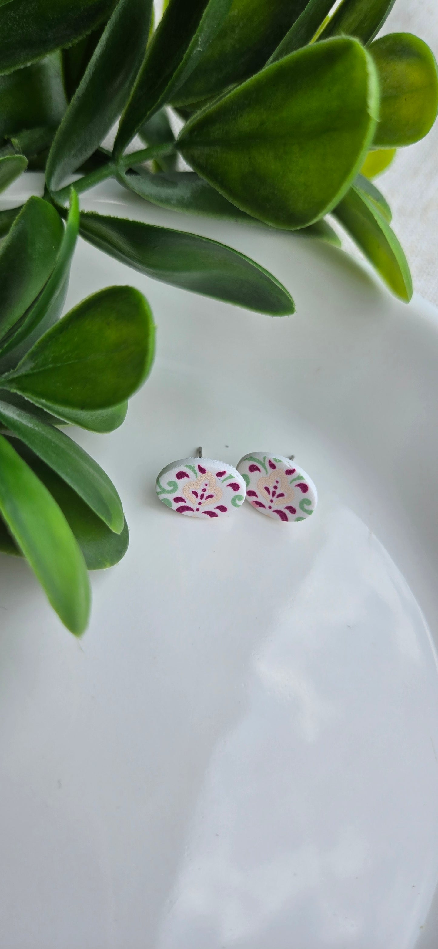 Moroccan Tile - Rose and Sage - Oval Studs 2