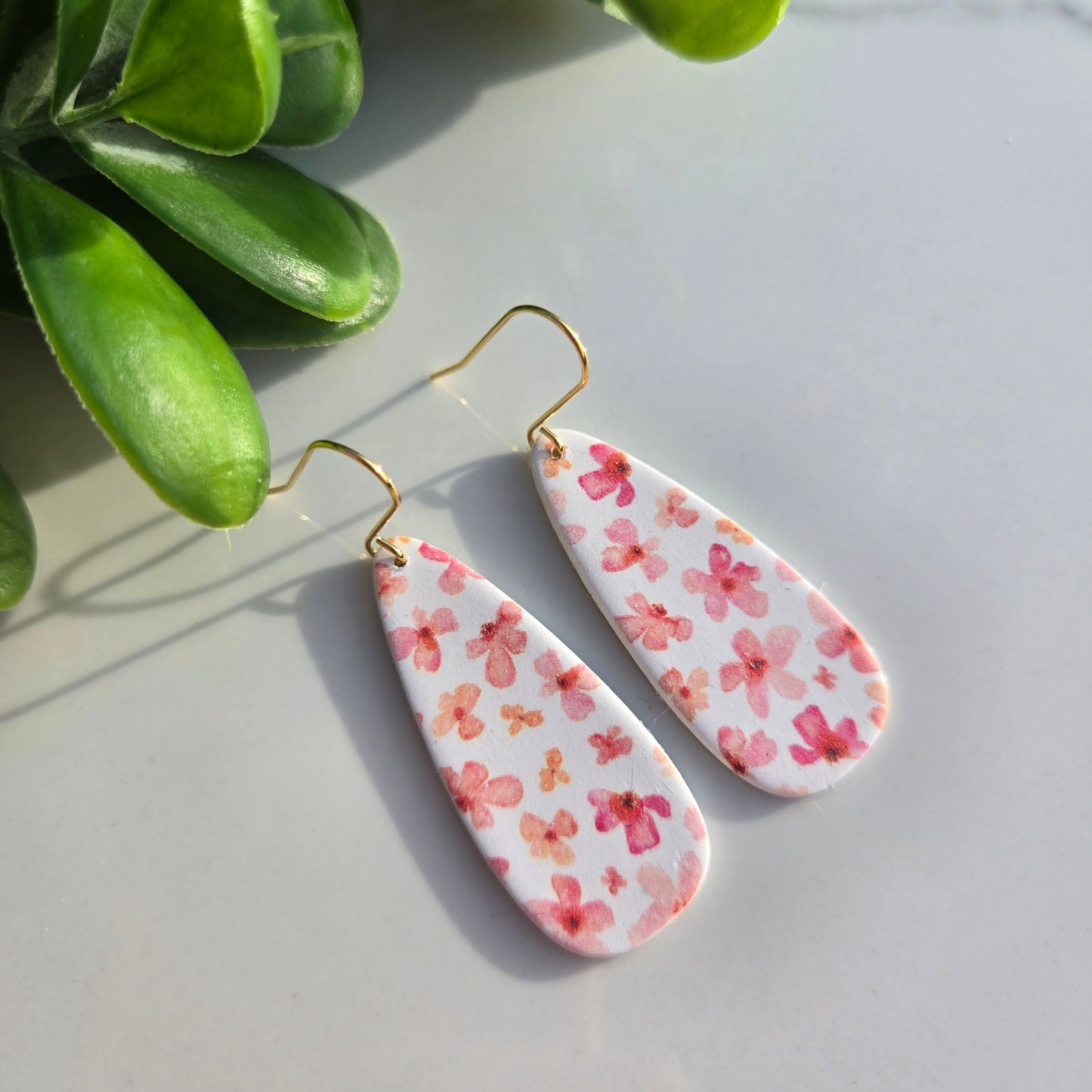 Clay - Pink Floral - Elongated Teardrops