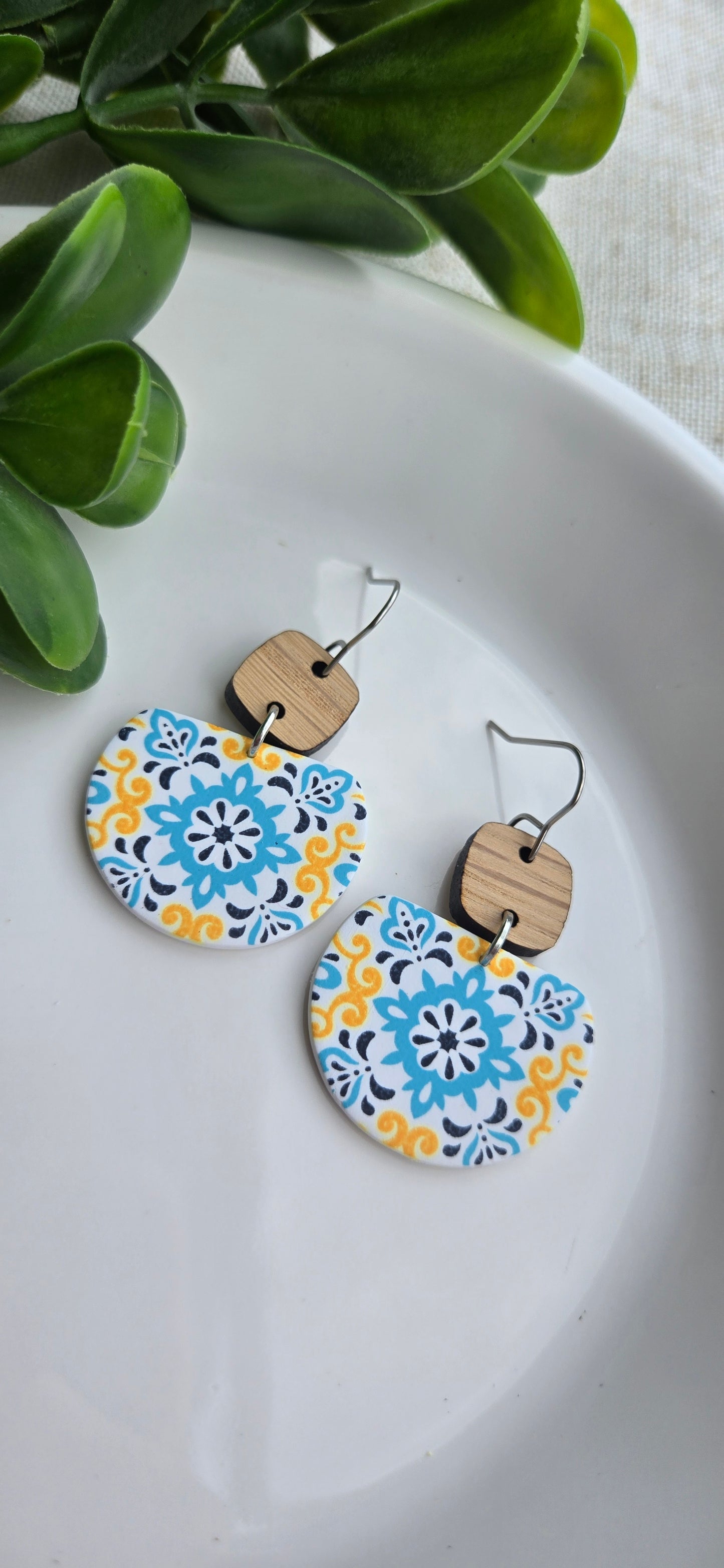 Moroccan Tile - Blue and Yellow - Notched Circles with Wood