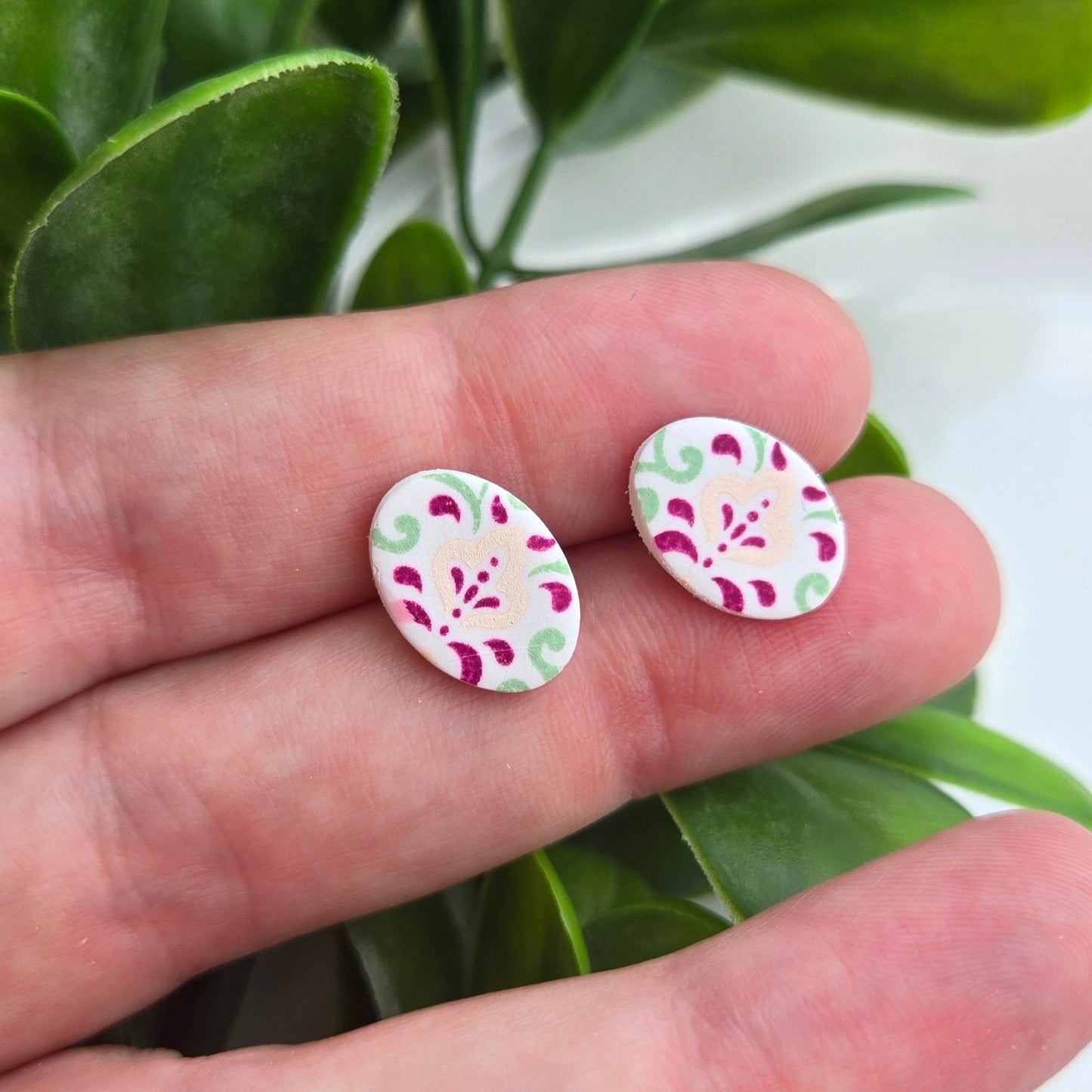 Moroccan Tile - Rose and Sage - Oval Studs 2