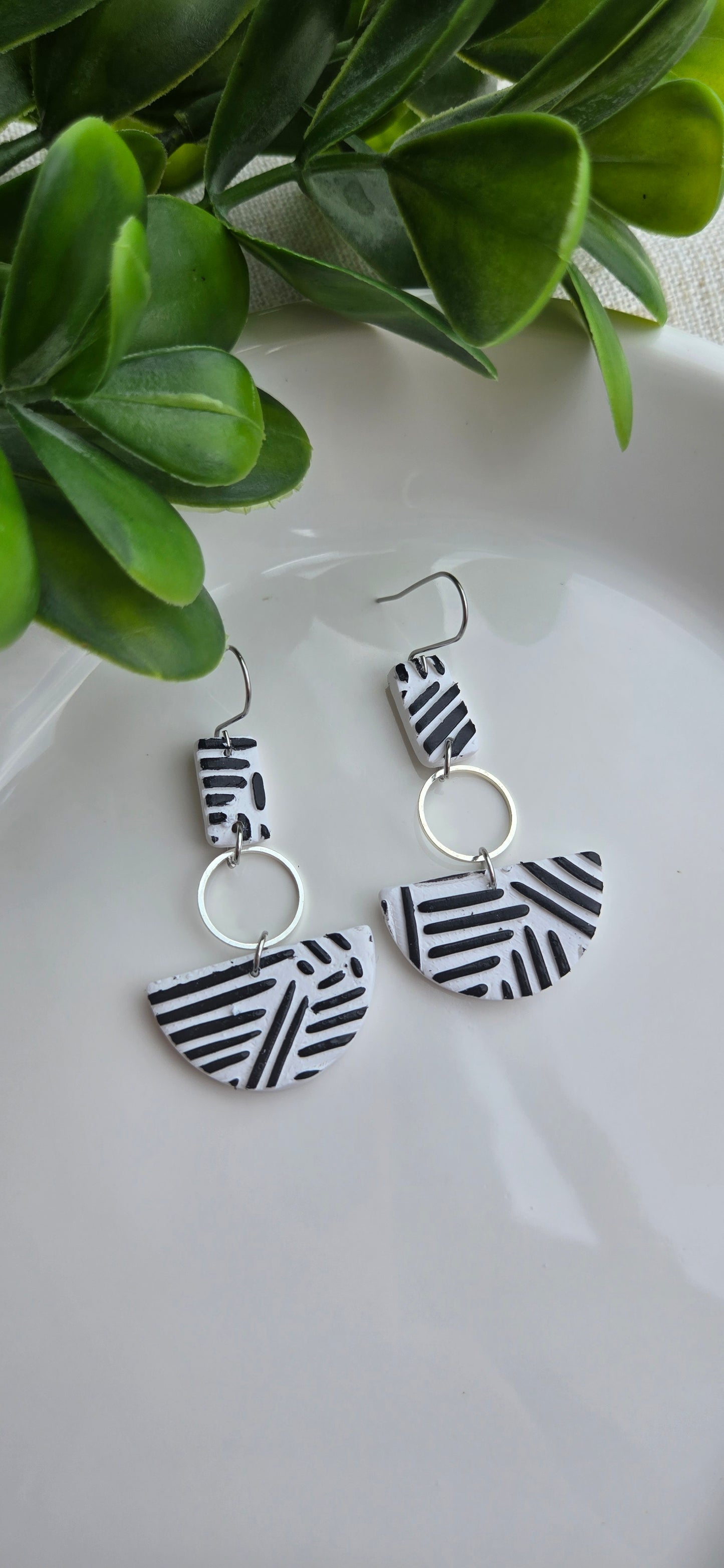 White and Black Dashes - Dangle with Semi-Circle